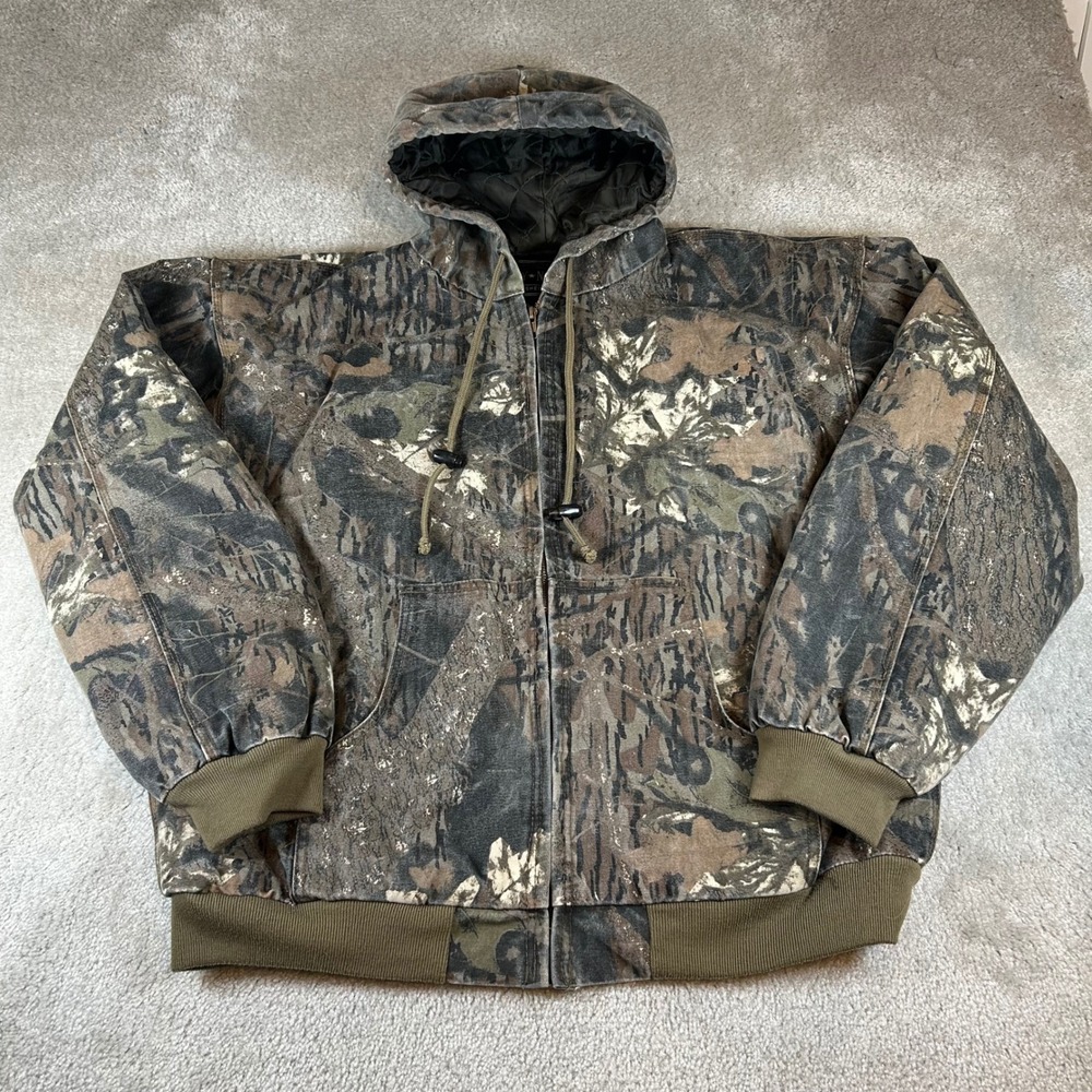 Vintage Army Navy Hooded Work Jacket Mens XL Camo Quilted Duck Canvas Full Zip